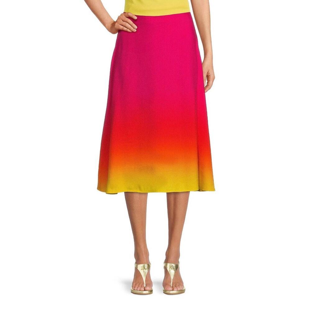 Lauren Ralph Lauren Pink Orange Yellow Ombré Midi Skirt Sz 2 Linen Blend